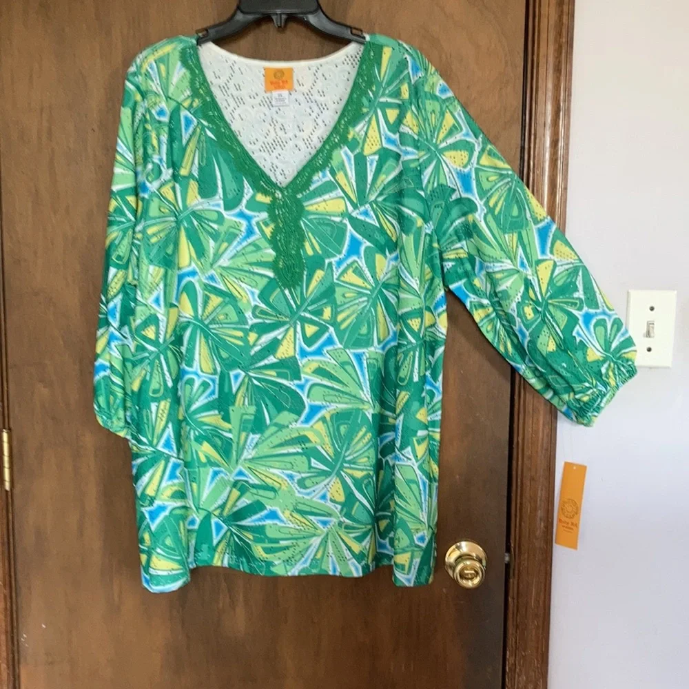 3/$45 Ruby Rd top retro abstract floral print crochet like detail boho blouse 2X - Picture 12 of 17